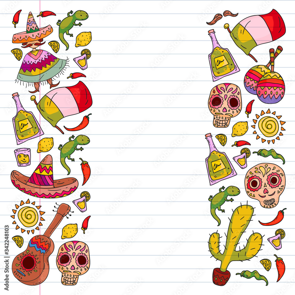 Fototapeta premium Vector pattern for mexican cuisine leaflets. Order mexican cuisine in internet online. Fast delivery. National Mexico ethnic elements. Day of the Dead. Sugar skull.
