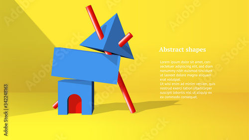 Abstract 3D objects or elements installation balancing in the yellow room for a booklet of banner