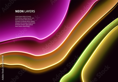 Neon glass layers stacked with reflections for 80s or 90s styled abstract background in synthwave, retrowave or cyberpunk shiny neon style