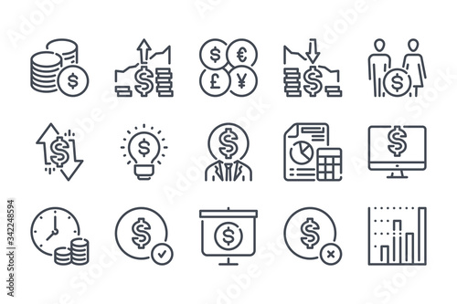 Cash and Money line icon set. Payment and Dollar outline vector icons. Savings and Family Budget icon collection.