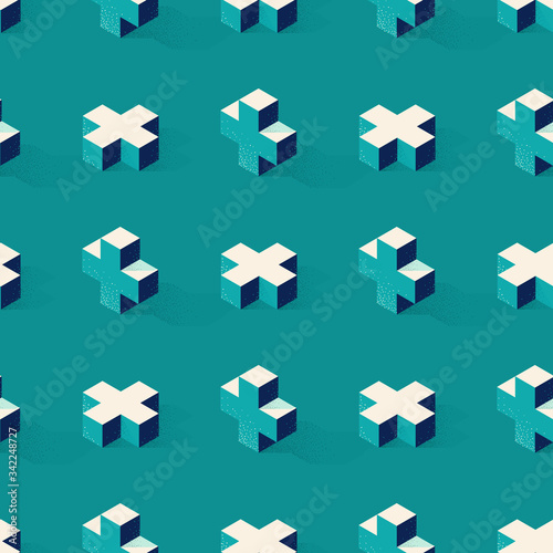 Seamless pattern with cross or plus shape on green background in modern dotted texture style