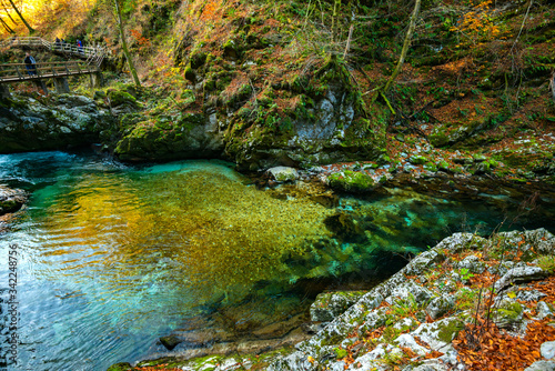 Fototapeta Naklejka Na Ścianę i Meble -  mountain water flowing over the rocks in the autumn forest