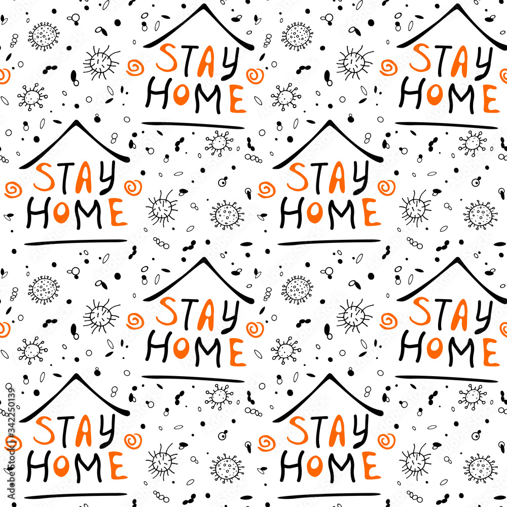 Stay home, stay safe - hand vector lettering on theme of quarantine, self protection times and coronavirus prevention in hand drawn style. Seamless pattern for social media, sites, flyers, web