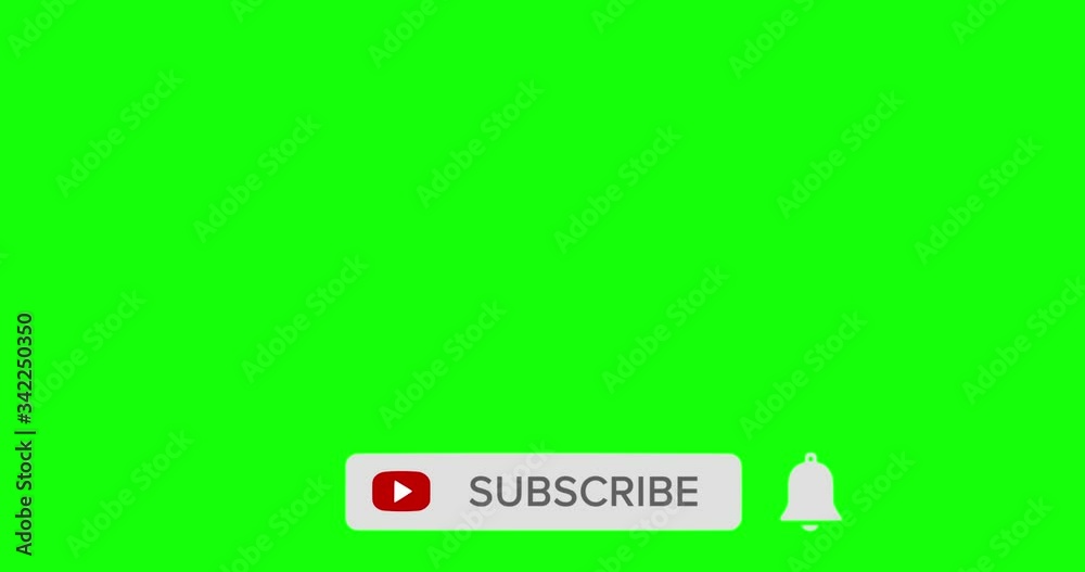 Subscribe lower third button animation appears. Hovers on it the cursor and makes a click. Presses the notifications button. Green screen background.