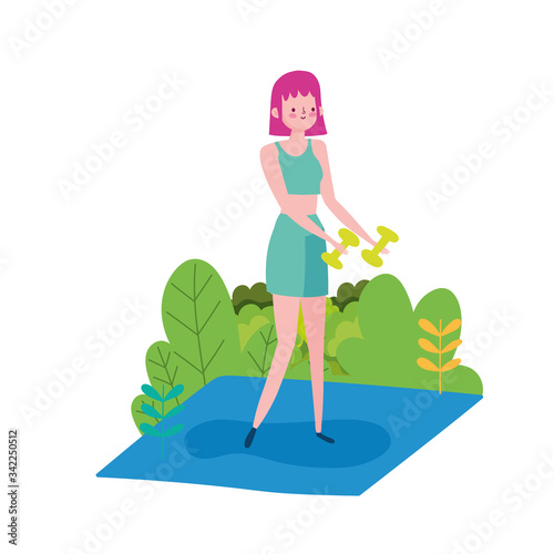 young woman training with gym dumbbells outdoor isolated icon white background