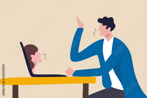 Video conference meeting with team in social distancing Coronavirus COVID-19 pandemic surreal concept, office guy working at home conference meeting with teammate girl come off computer laptop display