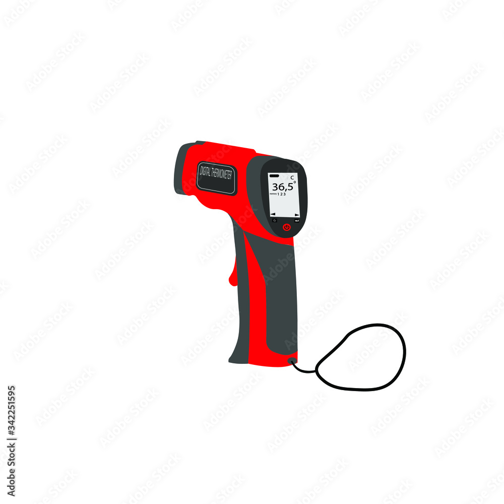 Infrared thermometer gun for forehead with temperature range standards. Vector illustr Infrared thermometer gun for forehead with temperature range standards. Vector illustr