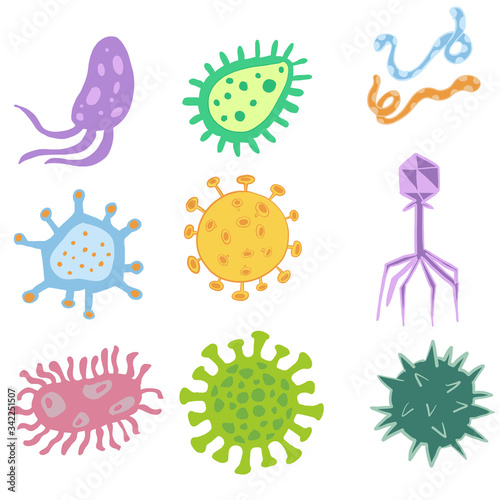 Collection of virus and germs. Hand drawn illustration on isolated white background.