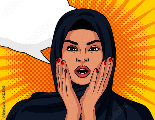Color vector in pop art comic style. The Arabian girl is surprised. A beautiful woman in a traditional Islamic shawl on her head in shock. Muslim woman with open mouth holding hands to face