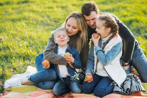 Family picnic with apples on the green grass.