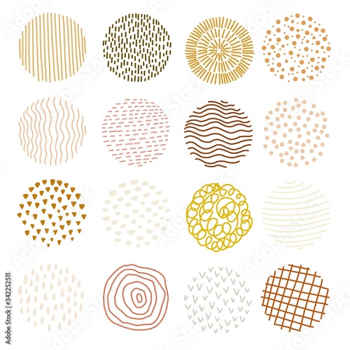 Set of 16 contemporary color doodle circle patterns. Abstract modern vector elements collection