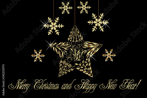 Christmas tree gold snowflakes star greetings card