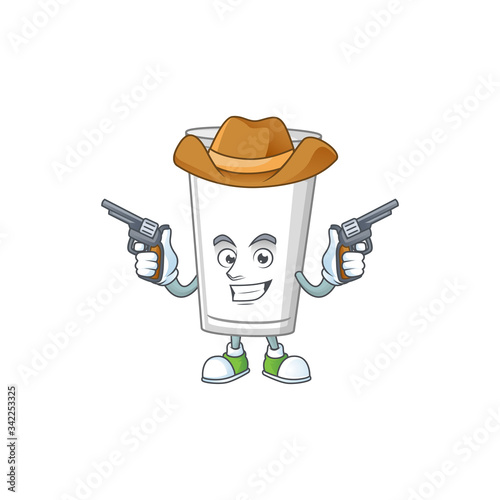 A cowboy cartoon character of glass of milk holding guns