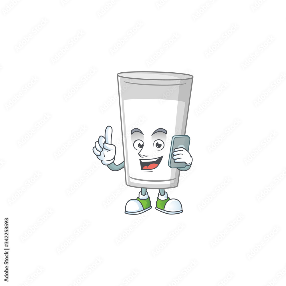 Cartoon design concept of glass of milk talking on phone Cartoon design concept of glass of milk talking on phone