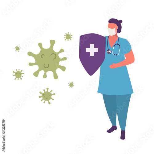 Doctor  is protected coronavirus outbreak with a shield.Female wearing face masks.Virus attacks respiratory tract. Pandemic medical health. Vector flat cartoon style.