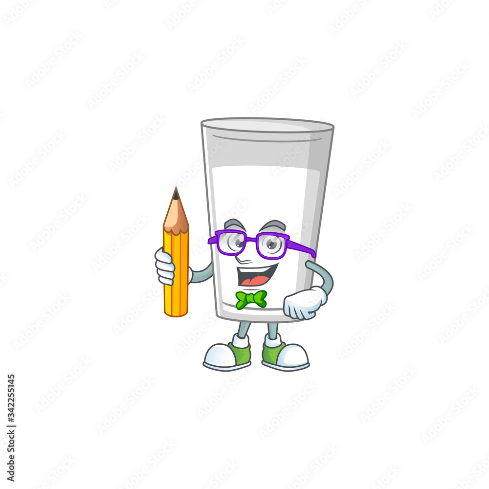 Glass of milk student cartoon character studying with pencil