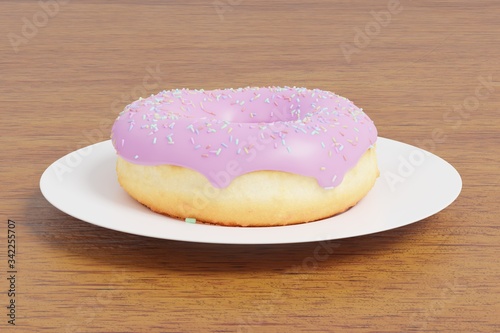 3D Rendering donut with sprinkles on wooden table