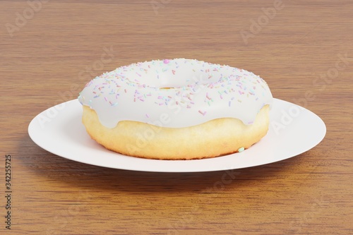 3D Rendering donut with sprinkles on wooden table