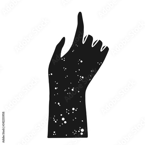 Silhouette of a hand with an index finger, black isolated vector. Pressing the button, pointing finger in the direction, hand drawn clip art for design.