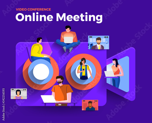Illustrations flat design concept video conference. online meeting work form home. Vector illustrate.
