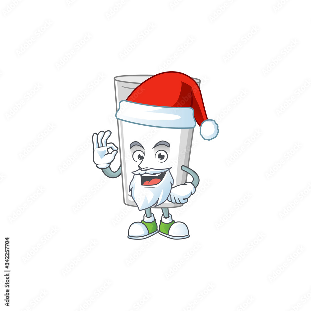 Friendly glass of milk Santa cartoon character design with ok finger
