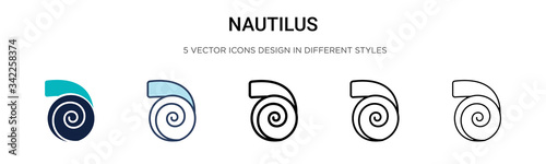 Nautilus icon in filled, thin line, outline and stroke style. Vector illustration of two colored and black nautilus vector icons designs can be used for mobile, ui, web