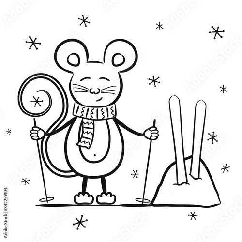 Children's contour coloring. A mouse in a scarf and skiing on a background of snowdrifts and snowflakes. Vector illustration for children's decor, cards, posters and books.
