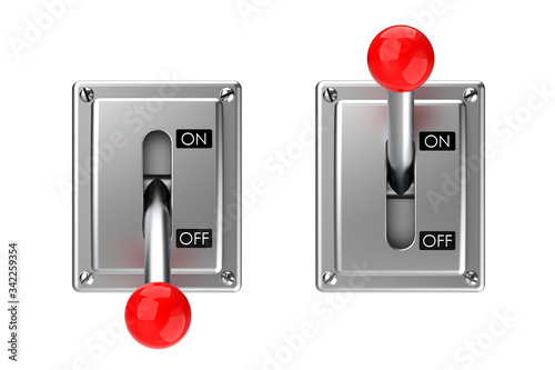 Two knifes switch ON and OFF. Knife switch ON and OFF positions. 3D illustration.