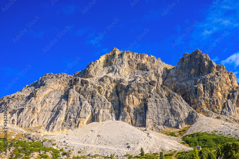 Beautiful summer landscape, fantastic alpine pass and high mountains, Dolomites, Italy, Europe.