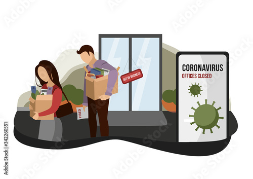 Fired and dismissed people from job. Dismissal, layoff, severance, termination in case of coronavirus or virus COVID-19. Unemployed jobless benefit. Boss dismissed employee. Flat vector illustration.
