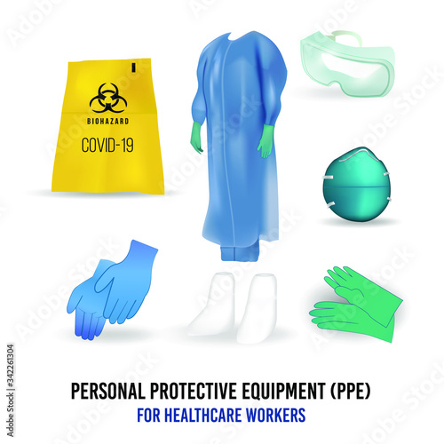 Personal protective suit Clothing isolated or PPE for Healthcare workers vector illustration Medical Personal Protective Equipment Set of Doctors