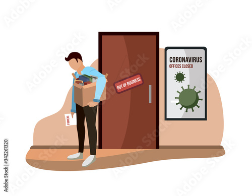 Fired and dismissed man guy from job. Dismissal, layoff, severance, termination in case of coronavirus or virus COVID-19. Unemployed jobless benefit. Boss dismissed employee. Flat vector illustration.