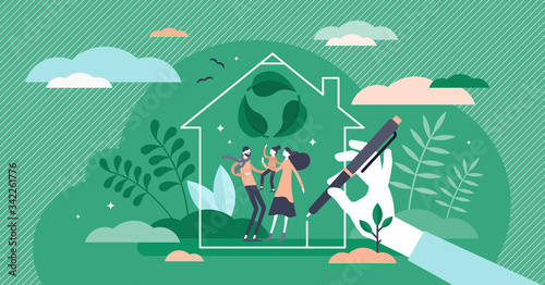 Green home vector illustration. Ecological house flat tiny persons concept.