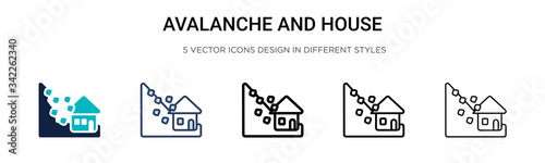 Avalanche and house icon in filled, thin line, outline and stroke style. Vector illustration of two colored and black avalanche and house vector icons designs can be used for mobile, ui, web