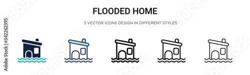 Flooded home icon in filled, thin line, outline and stroke style. Vector illustration of two colored and black flooded home vector icons designs can be used for mobile, ui, web