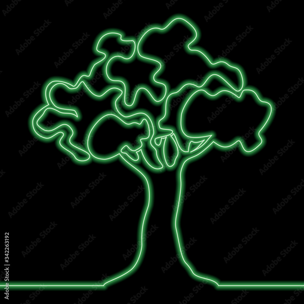 Continuous line drawing Green tree neon concept