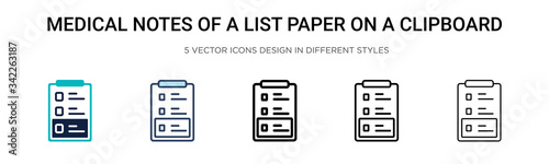Medical notes of a list paper on a clipboard icon in filled, thin line, outline and stroke style. Vector illustration of two colored and black medical notes of a list paper on a clipboard vector