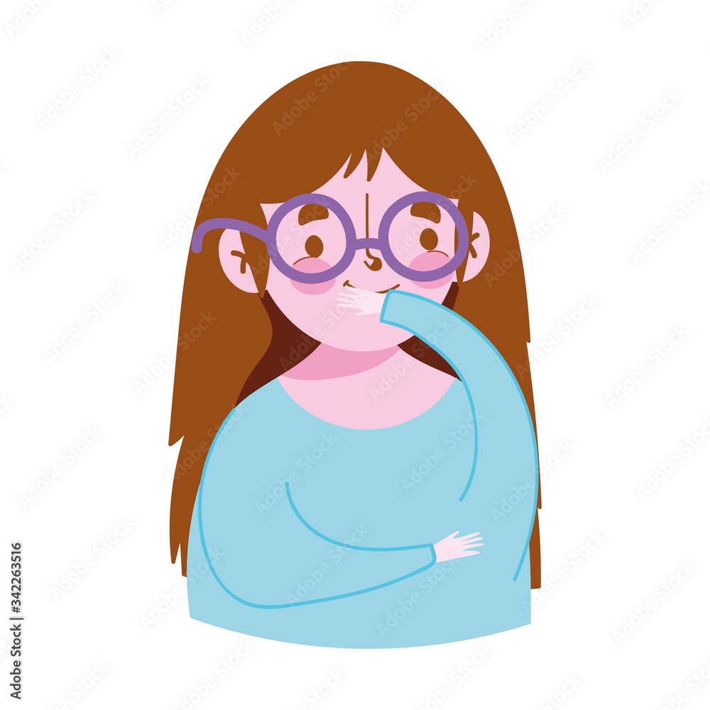 Fototapeta premium covid 19 coronavirus, young girl cover mouth prevention, icon white background