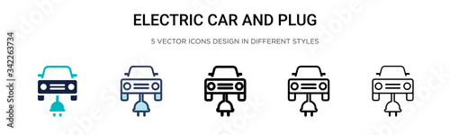 Electric car and plug icon in filled, thin line, outline and stroke style. Vector illustration of two colored and black electric car and plug vector icons designs can be used for mobile, ui, web