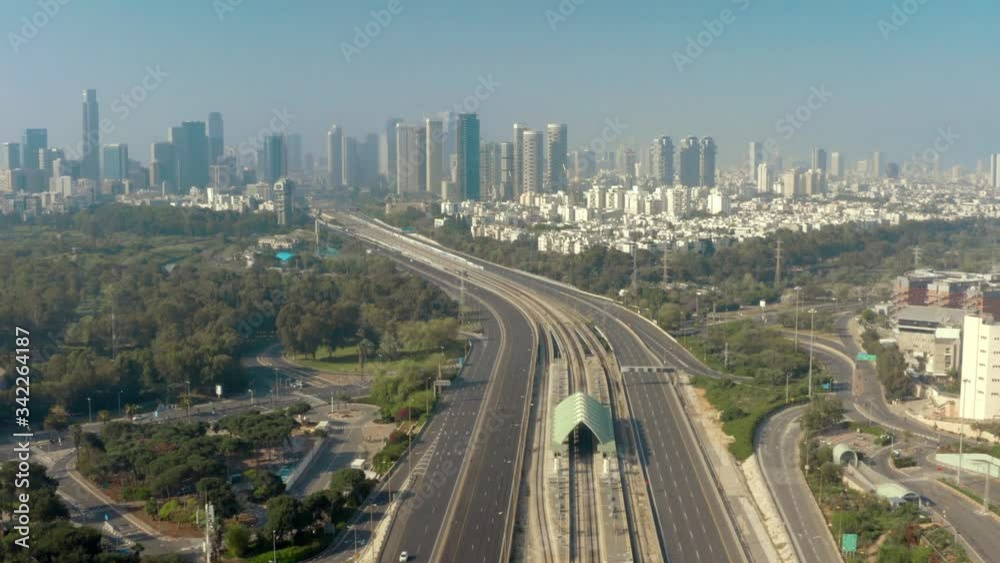 Aerial: Empty Tel Aviv Ayalon Highway in Israel lockdown, coronavirus