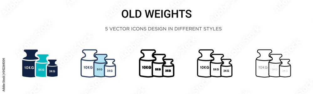 Old weights icon in filled, thin line, outline and stroke style. Vector illustration of two colored and black old weights vector icons designs can be used for mobile, ui, web