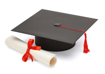 Black graduate cap with scientific degree scroll isolated on white background