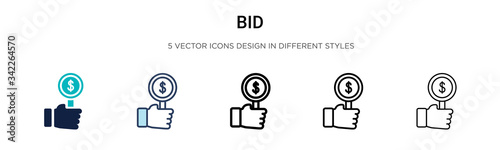 Bid icon in filled, thin line, outline and stroke style. Vector illustration of two colored and black bid vector icons designs can be used for mobile, ui, web photo