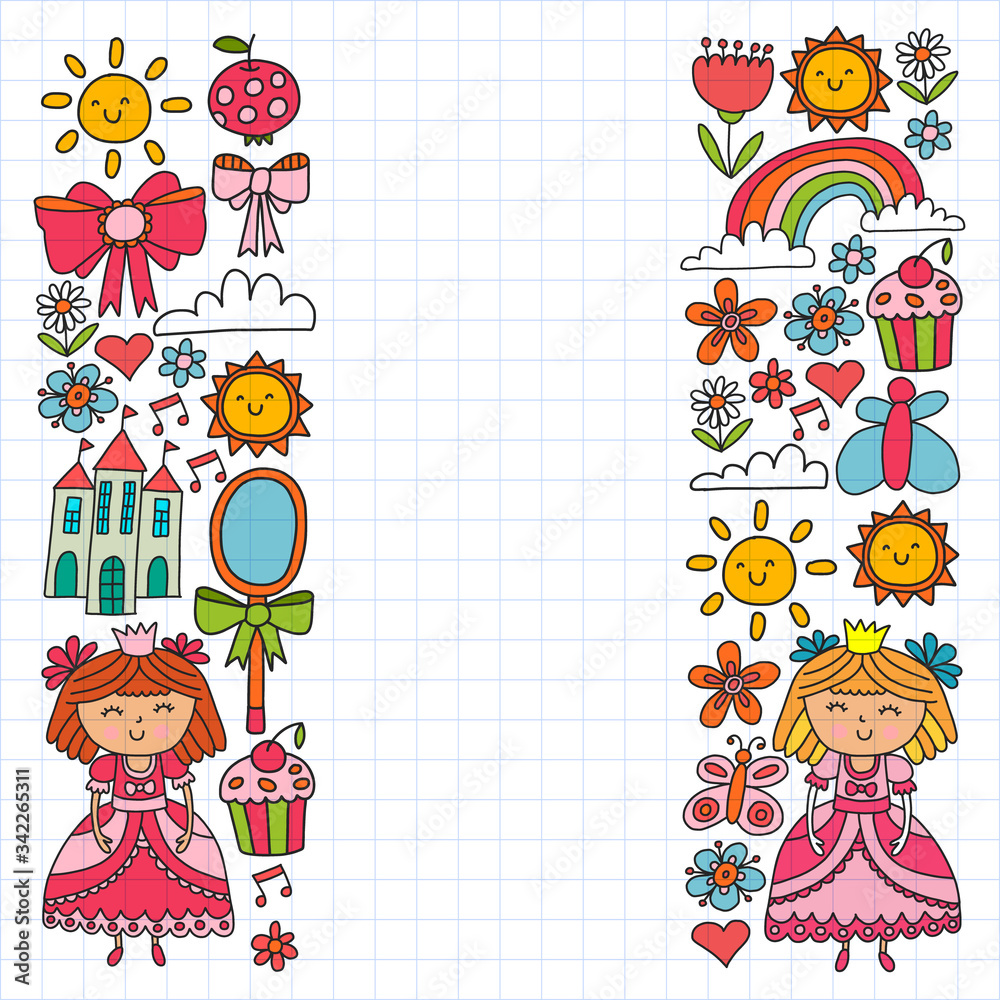 Fototapeta premium Vector pattern for little girls. Princess illustration for happy birthday party. Blackboard chalk illustration