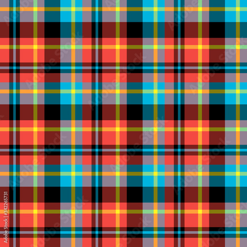 Seamless pattern in interesting bright red, yellow, black and blue colors for plaid, fabric, textile, clothes, tablecloth and other things. Vector image.