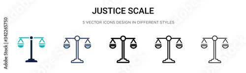 Justice scale icon in filled, thin line, outline and stroke style. Vector illustration of two colored and black justice scale vector icons designs can be used for mobile, ui, web