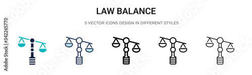 Law balance icon in filled, thin line, outline and stroke style. Vector illustration of two colored and black law balance vector icons designs can be used for mobile, ui, web