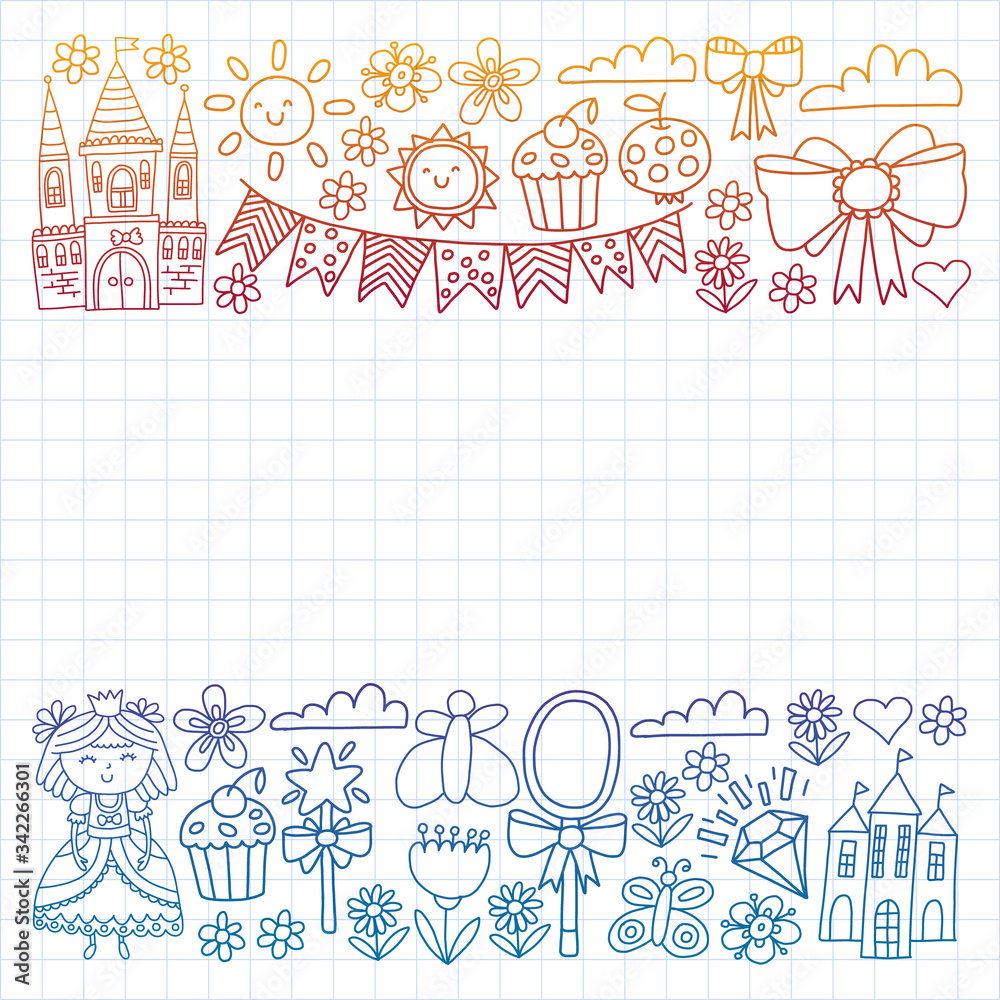 Fototapeta premium Vector pattern for little girls. Princess illustration for happy birthday party. Blackboard chalk illustration
