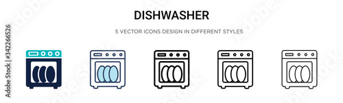 Dishwasher icon in filled, thin line, outline and stroke style. Vector illustration of two colored and black dishwasher vector icons designs can be used for mobile, ui, web