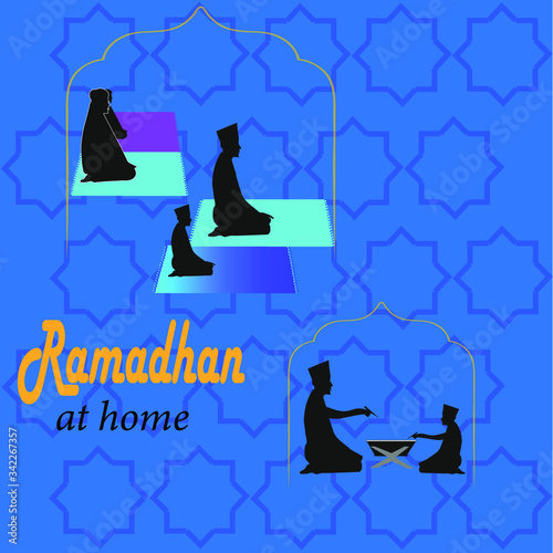 Stay Home on Ramadan Month. Awareness social media campaign and Coronavirus Covid-19 prevention. Praying and Reading Holy Quran at Home. Vector Illustration.
